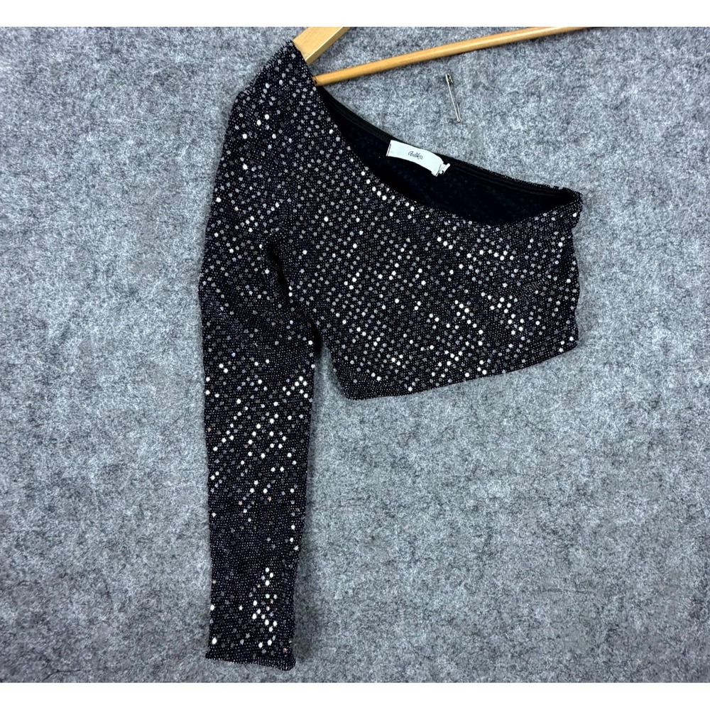 Adika One Shoulder Crop Top Womens Small Black Sequin Party Elegant Evening